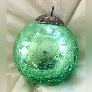 Vintage Kugel Green Crackle Glass Xmas Ornament with Embossed Brass Hang…